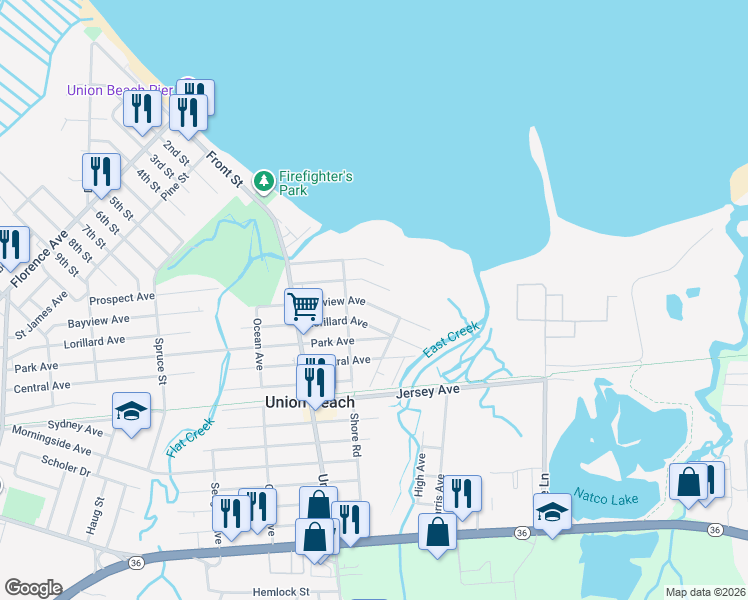 map of restaurants, bars, coffee shops, grocery stores, and more near 817 Bayview Avenue in Union Beach