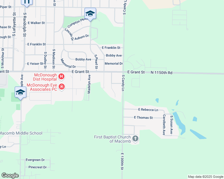 map of restaurants, bars, coffee shops, grocery stores, and more near Shady Lane in Macomb