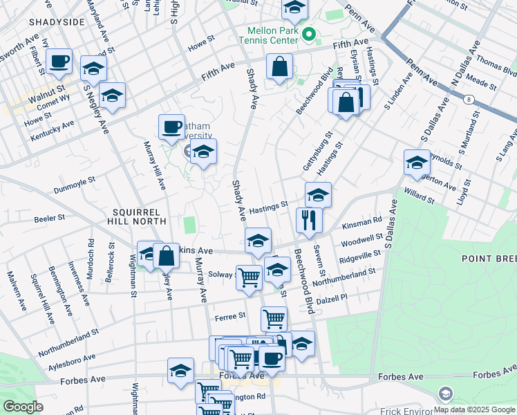 map of restaurants, bars, coffee shops, grocery stores, and more near 900 Hastings Street in Pittsburgh