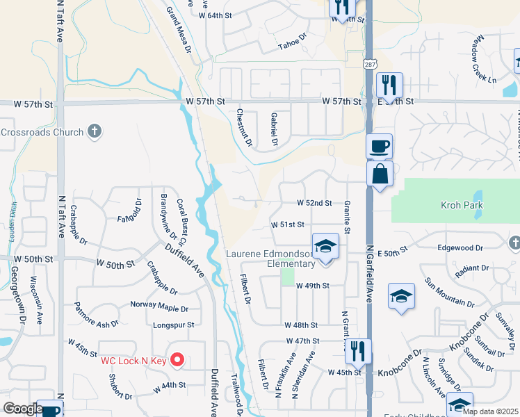 map of restaurants, bars, coffee shops, grocery stores, and more near 5201 Lariat Drive in Loveland