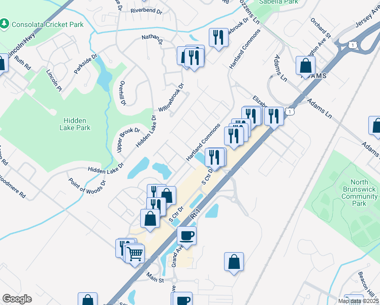 map of restaurants, bars, coffee shops, grocery stores, and more near 1 Kingston Run in North Brunswick Township
