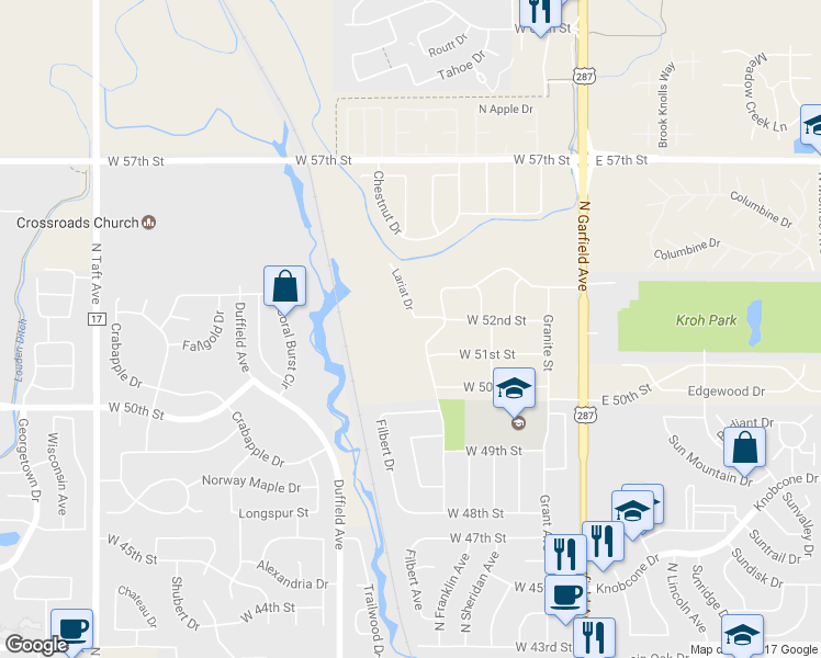 map of restaurants, bars, coffee shops, grocery stores, and more near 5201 Lariat Drive in Loveland