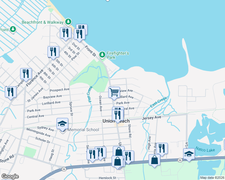 map of restaurants, bars, coffee shops, grocery stores, and more near 312 Union Avenue in Union Beach