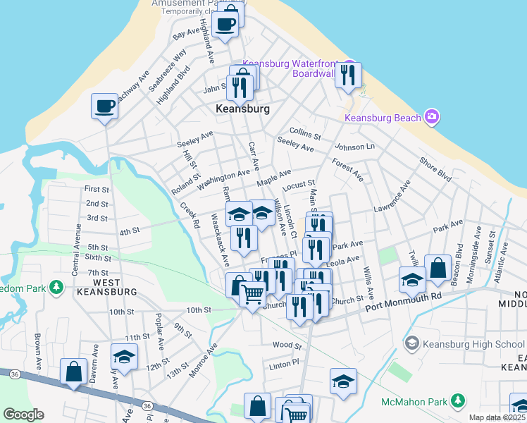 map of restaurants, bars, coffee shops, grocery stores, and more near 257 Carr Avenue in Keansburg