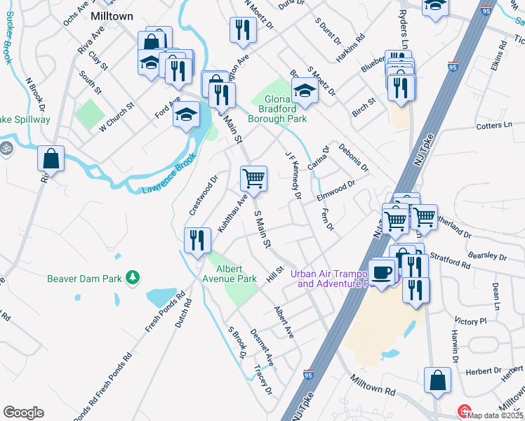 map of restaurants, bars, coffee shops, grocery stores, and more near 177 South Main Street in Milltown