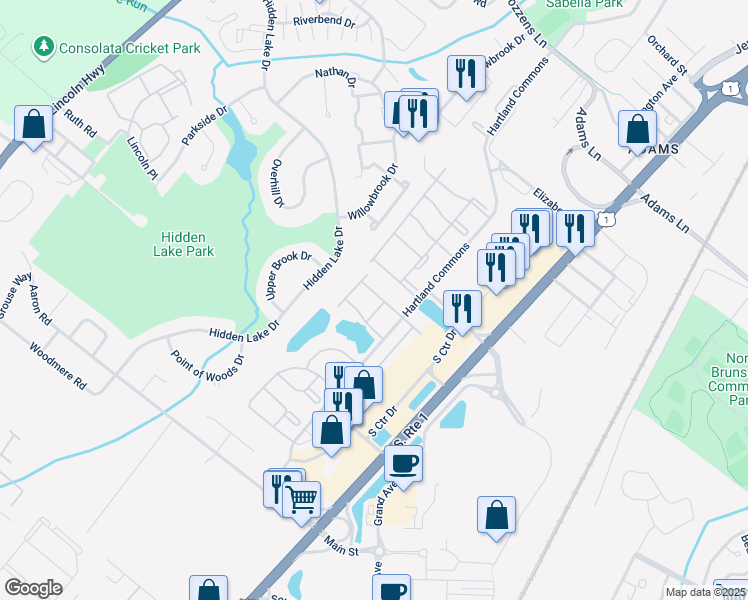 map of restaurants, bars, coffee shops, grocery stores, and more near 441 Northam Drive in North Brunswick Township