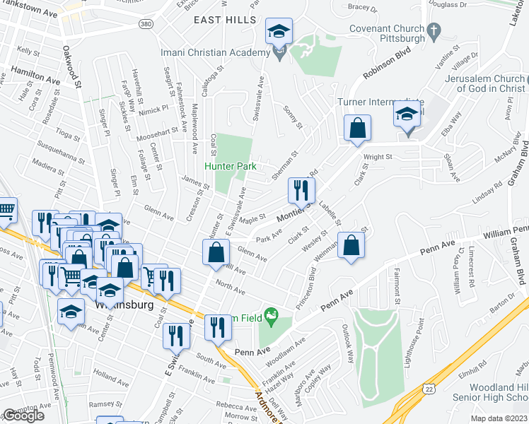 map of restaurants, bars, coffee shops, grocery stores, and more near 1344 Laketon Road in Pittsburgh