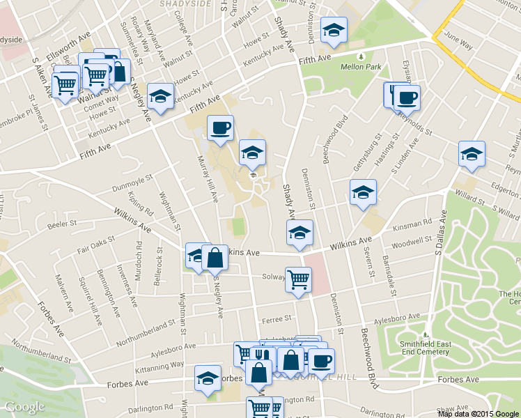 map of restaurants, bars, coffee shops, grocery stores, and more near 115 Woodland Road in Pittsburgh