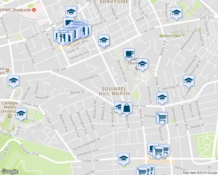 map of restaurants, bars, coffee shops, grocery stores, and more near 1154 Wightman Street in Pittsburgh