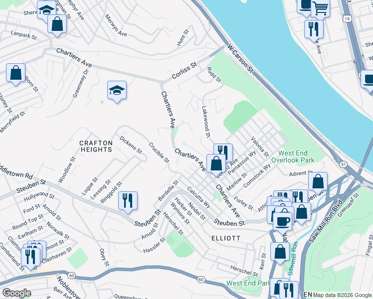 map of restaurants, bars, coffee shops, grocery stores, and more near 1205 Strahley Place in Pittsburgh