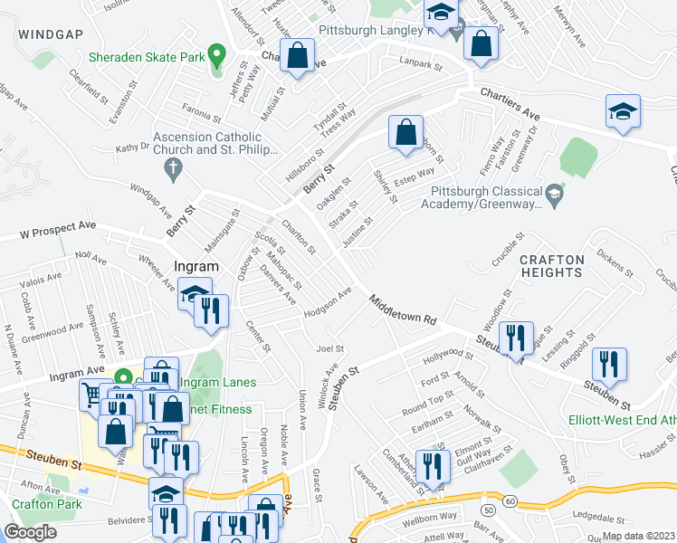 map of restaurants, bars, coffee shops, grocery stores, and more near 2709 Middletown Road in Pittsburgh