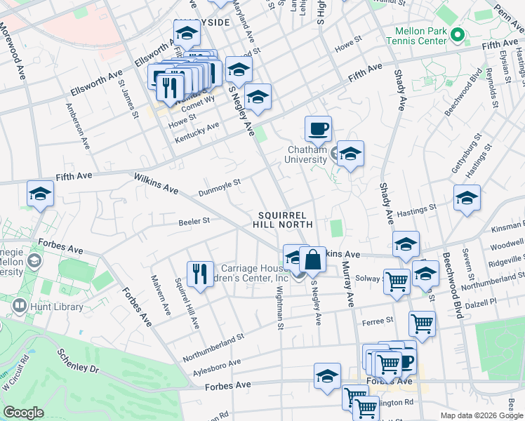 map of restaurants, bars, coffee shops, grocery stores, and more near 1154 Wightman Street in Pittsburgh