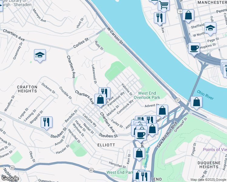 map of restaurants, bars, coffee shops, grocery stores, and more near 1012 Uvilla Street in Pittsburgh