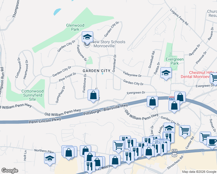 map of restaurants, bars, coffee shops, grocery stores, and more near 521 Holly Drive in Monroeville