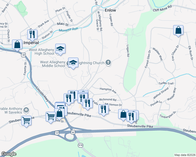 map of restaurants, bars, coffee shops, grocery stores, and more near 116 Williamsburg Road in Imperial