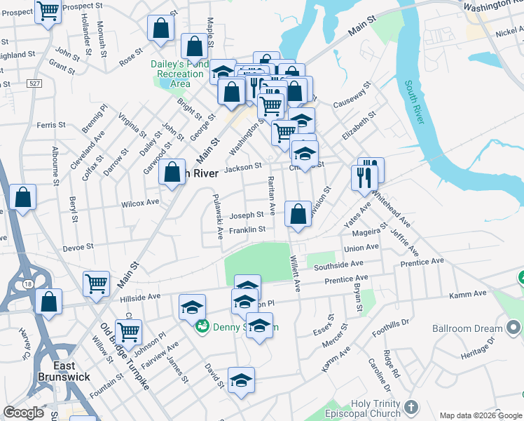 map of restaurants, bars, coffee shops, grocery stores, and more near 3 Joseph Street in South River
