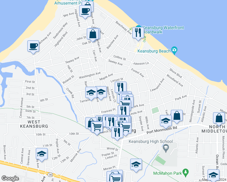 map of restaurants, bars, coffee shops, grocery stores, and more near 58 Lincoln Court in Keansburg
