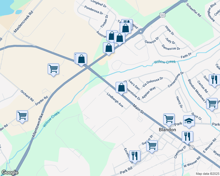 map of restaurants, bars, coffee shops, grocery stores, and more near 100 Main Street in Blandon