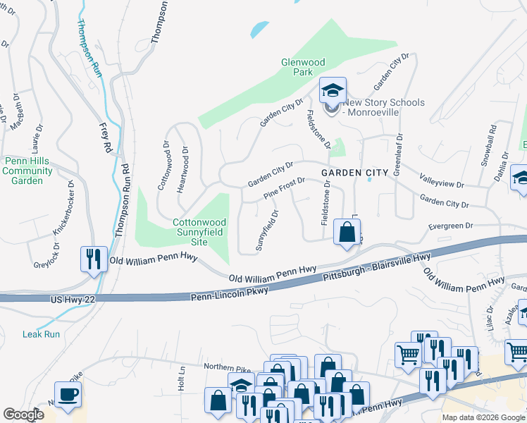 map of restaurants, bars, coffee shops, grocery stores, and more near 511 Larix Road in Monroeville