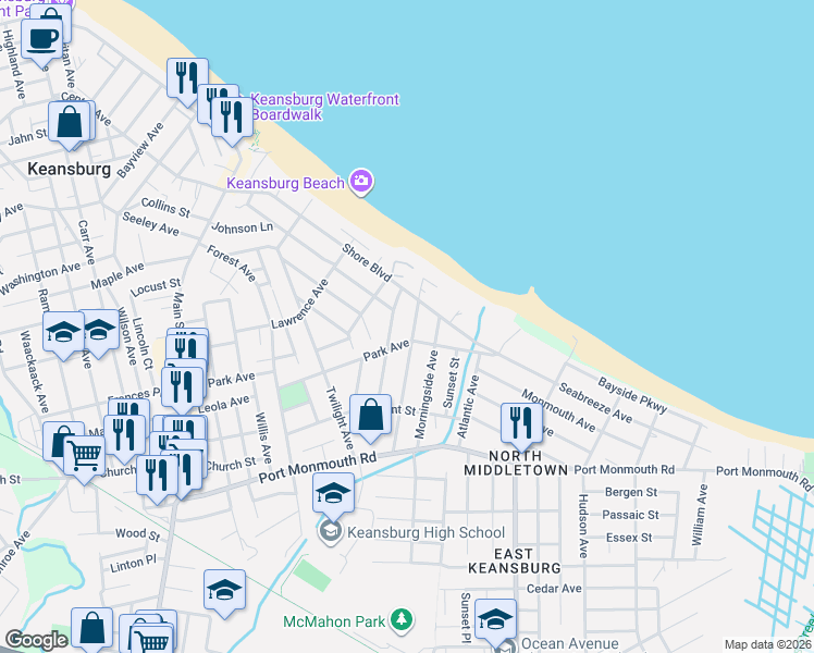 map of restaurants, bars, coffee shops, grocery stores, and more near 37 Beacon Boulevard in Keansburg