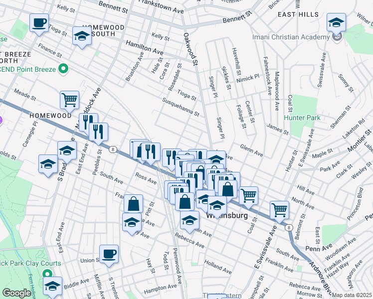map of restaurants, bars, coffee shops, grocery stores, and more near 517 Fountain Way in Pittsburgh