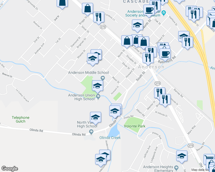 map of restaurants, bars, coffee shops, grocery stores, and more near 1657 Ferry Street in Anderson