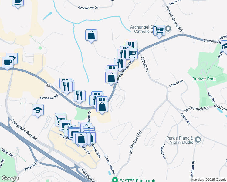map of restaurants, bars, coffee shops, grocery stores, and more near 5996 Steubenville Pike in Robinson Township