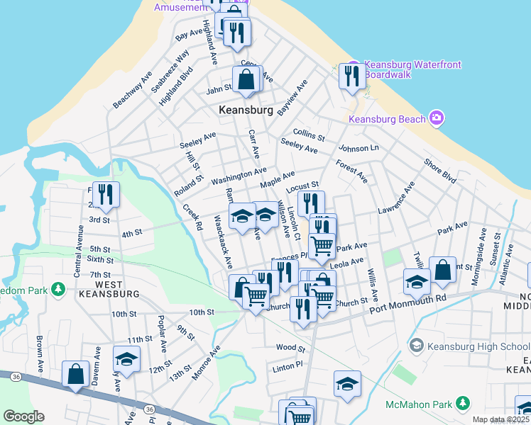 map of restaurants, bars, coffee shops, grocery stores, and more near 257 Carr Avenue in Keansburg