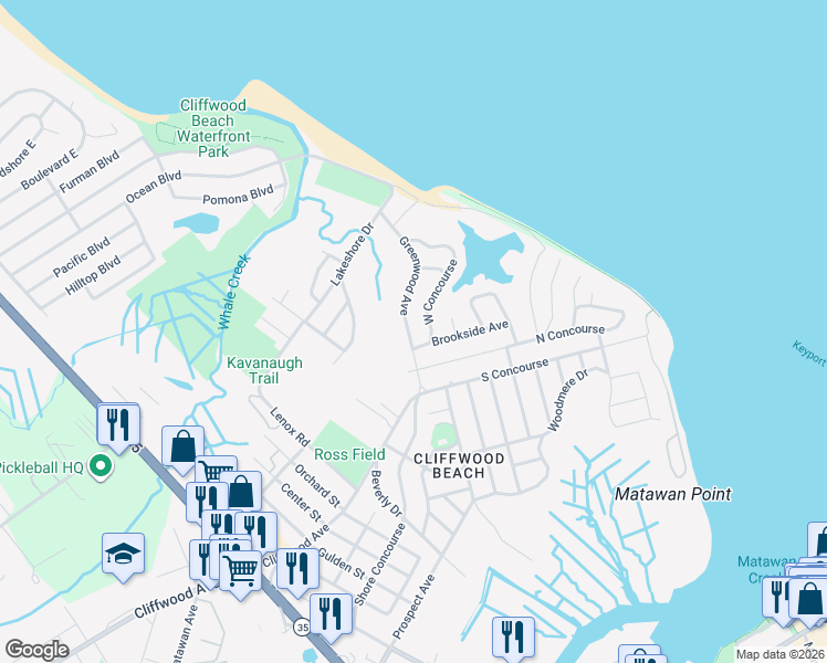 map of restaurants, bars, coffee shops, grocery stores, and more near 893 Greenwood Avenue in Keyport