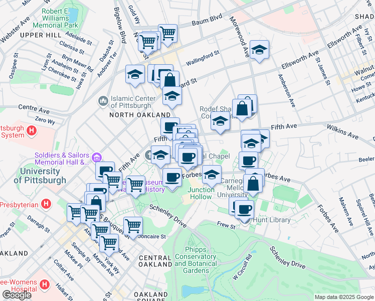 map of restaurants, bars, coffee shops, grocery stores, and more near 209 South Craig Street in Pittsburgh