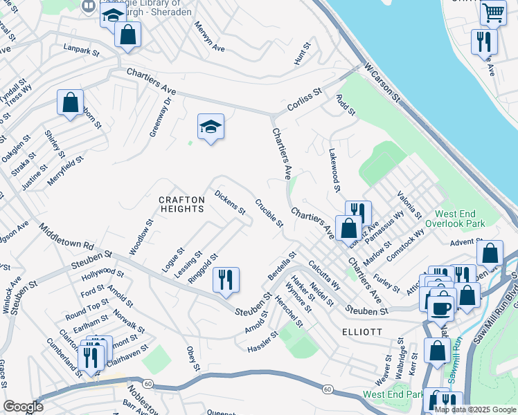 map of restaurants, bars, coffee shops, grocery stores, and more near 1249 Crucible Street in Pittsburgh