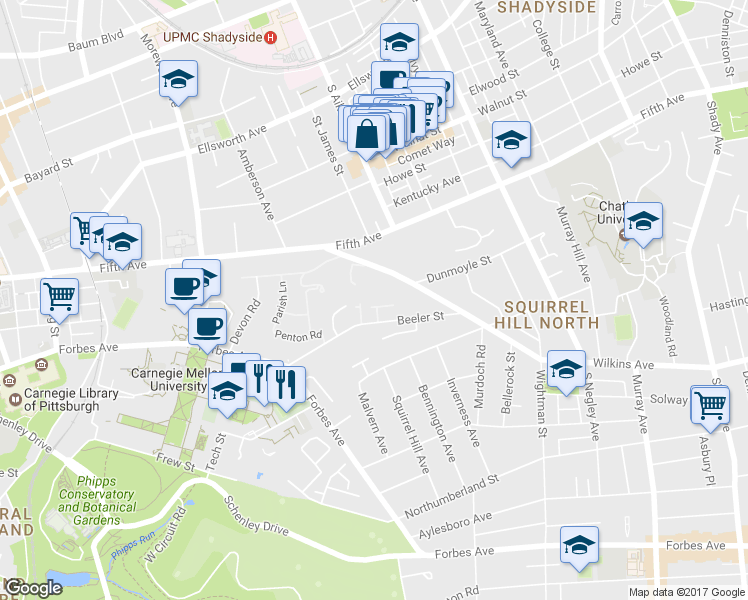 map of restaurants, bars, coffee shops, grocery stores, and more near 2 Olympia Pl in Pittsburgh