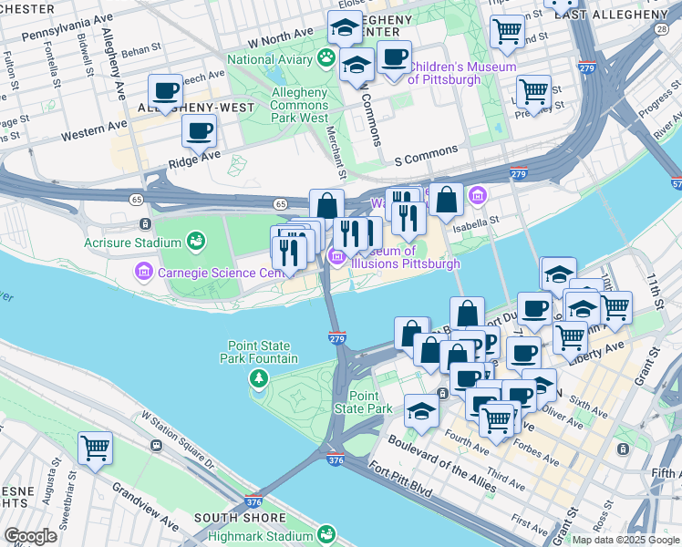 map of restaurants, bars, coffee shops, grocery stores, and more near 247 North Shore Drive in Pittsburgh