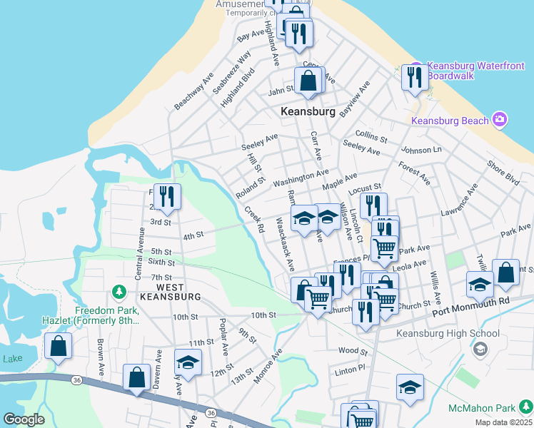 map of restaurants, bars, coffee shops, grocery stores, and more near 132 Creek Road in Keansburg