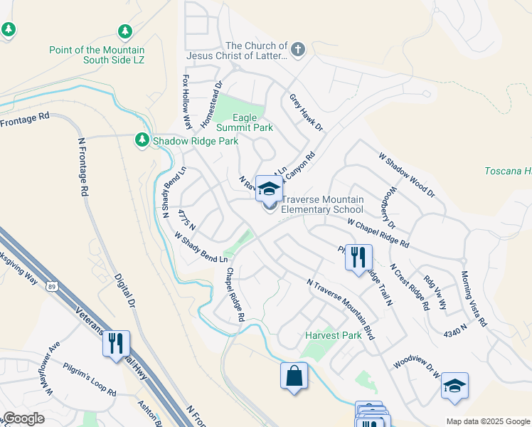 map of restaurants, bars, coffee shops, grocery stores, and more near 2500 West Chapel Ridge Road in Lehi