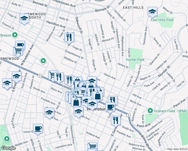 map of restaurants, bars, coffee shops, grocery stores, and more near 717 Hill Avenue in Pittsburgh
