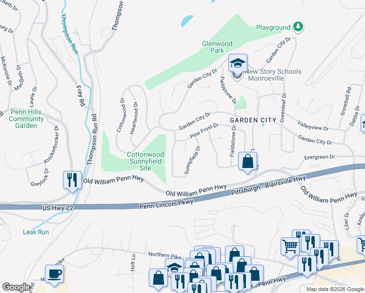 map of restaurants, bars, coffee shops, grocery stores, and more near 511 Larix Road in Monroeville