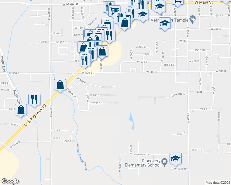 map of restaurants, bars, coffee shops, grocery stores, and more near 1028 West 650 South in Vernal