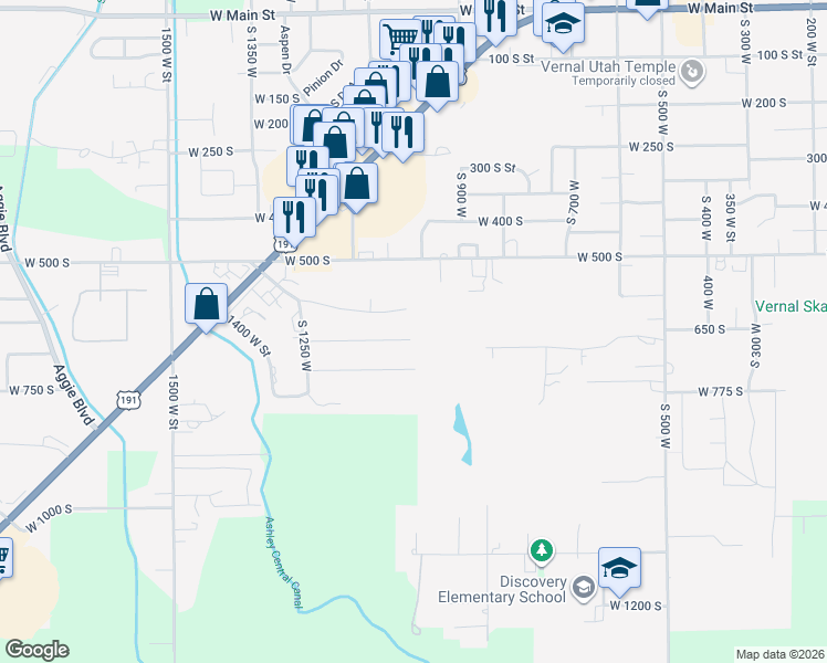 map of restaurants, bars, coffee shops, grocery stores, and more near 1028 West 650 South in Vernal