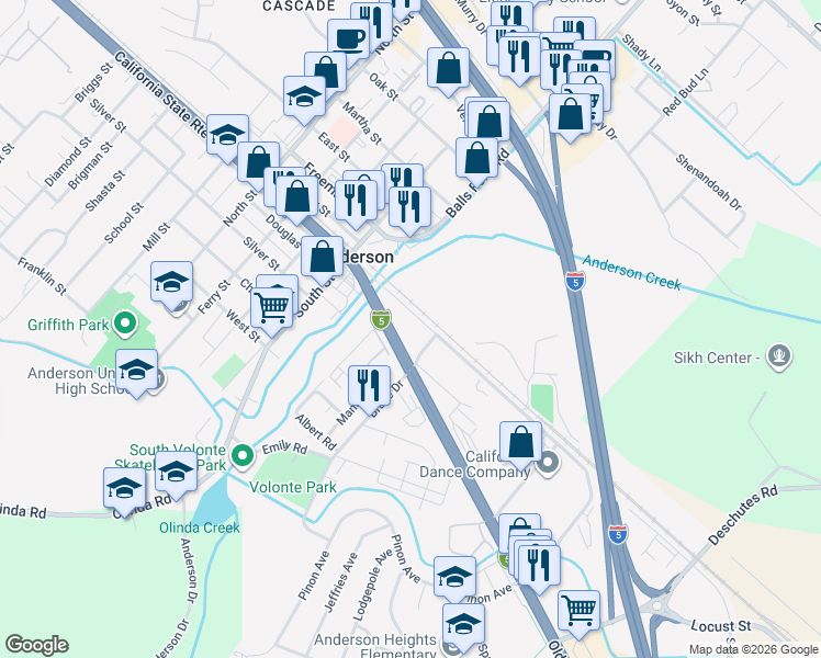 map of restaurants, bars, coffee shops, grocery stores, and more near 2646 Barney Rd in Anderson