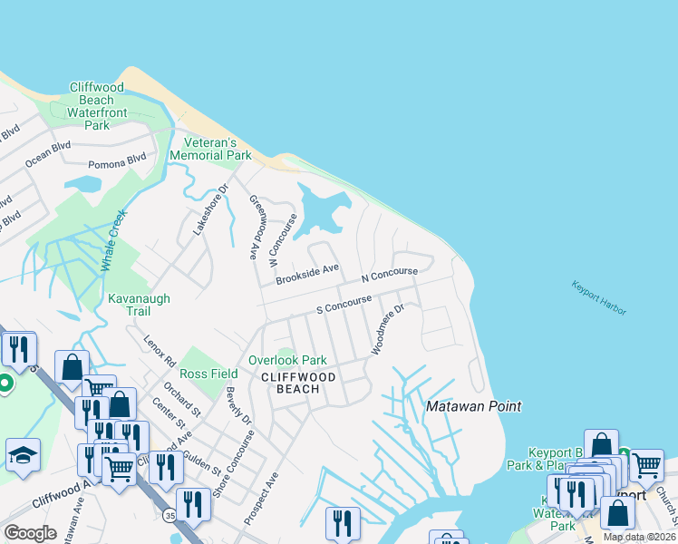 map of restaurants, bars, coffee shops, grocery stores, and more near 885 Brookside Avenue in Keyport