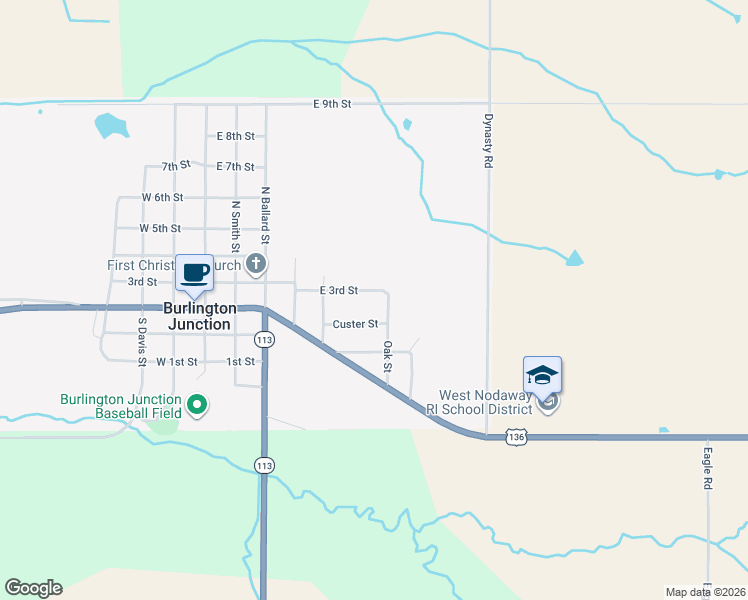map of restaurants, bars, coffee shops, grocery stores, and more near 300-398 Oak Street in Burlington Junction