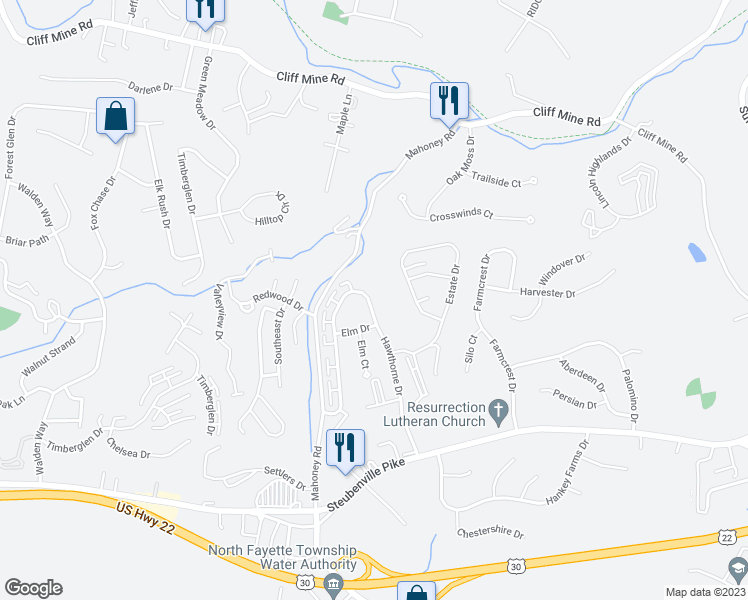 map of restaurants, bars, coffee shops, grocery stores, and more near 2535 Hawthorne Drive in Oakdale