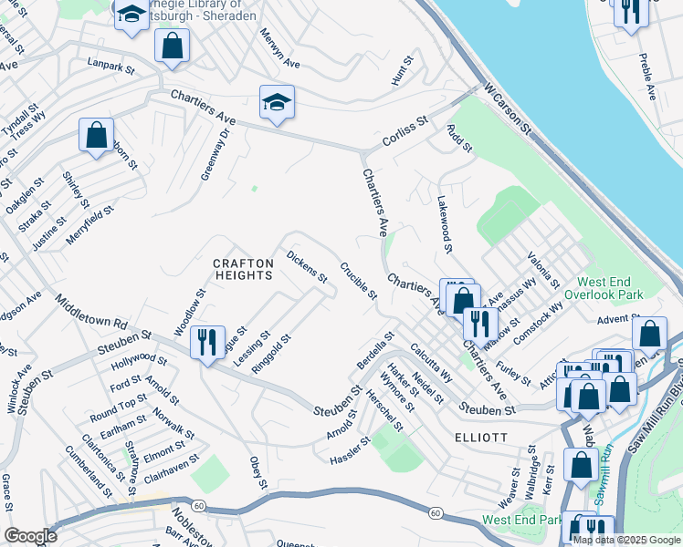map of restaurants, bars, coffee shops, grocery stores, and more near 1249 Crucible Street in Pittsburgh