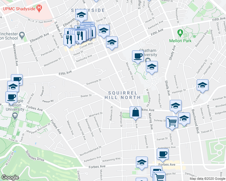 map of restaurants, bars, coffee shops, grocery stores, and more near 1150 Wightman Street in Pittsburgh