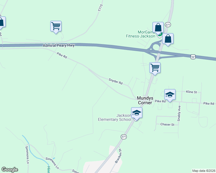 map of restaurants, bars, coffee shops, grocery stores, and more near 100 Rocky Road in Johnstown