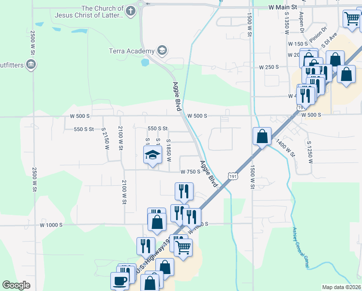 map of restaurants, bars, coffee shops, grocery stores, and more near 1789 West 624 South in Vernal