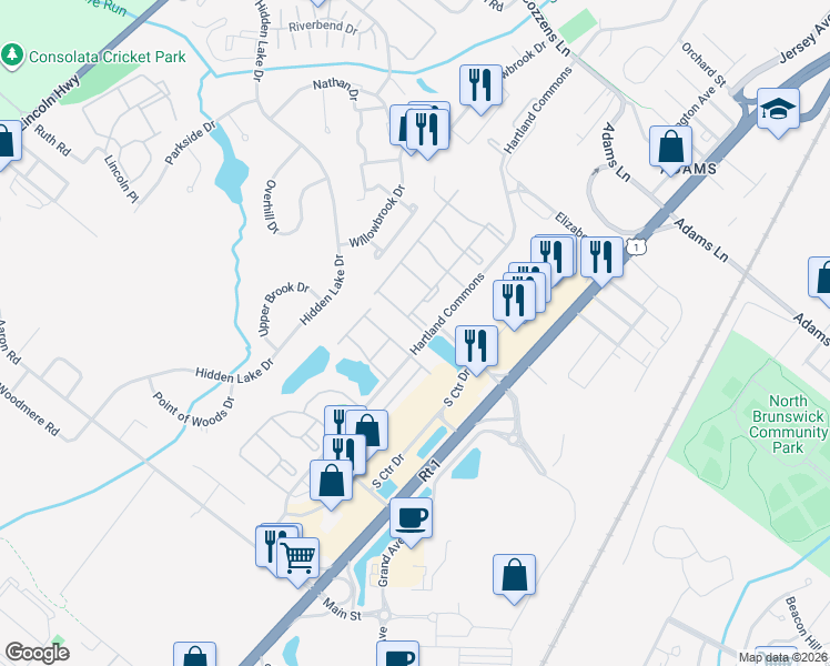 map of restaurants, bars, coffee shops, grocery stores, and more near 1 Kingston Run in North Brunswick Township