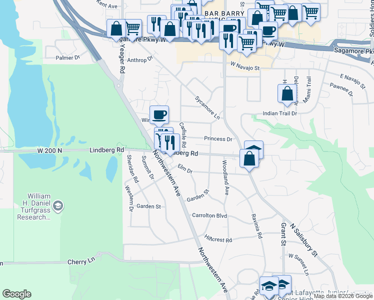map of restaurants, bars, coffee shops, grocery stores, and more near 936 Lindberg Road in West Lafayette
