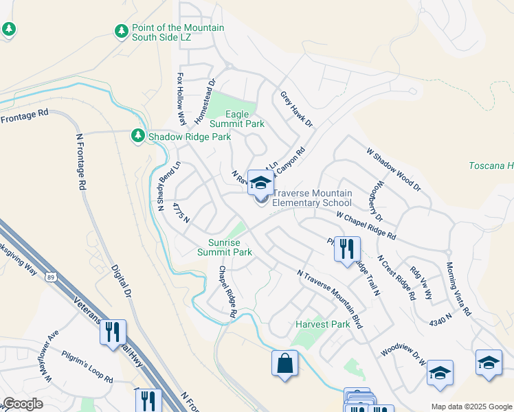 map of restaurants, bars, coffee shops, grocery stores, and more near 2500 West Chapel Ridge Road in Lehi